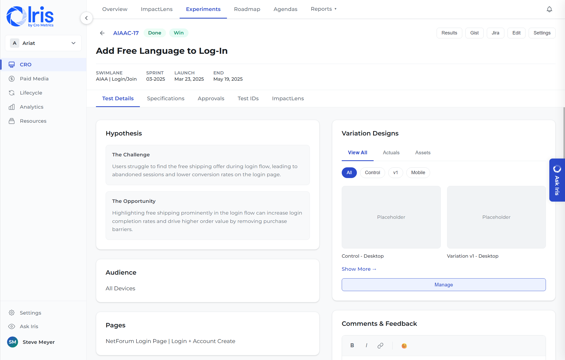 Iris experiment detail — hypothesis, specs, and variation designs
